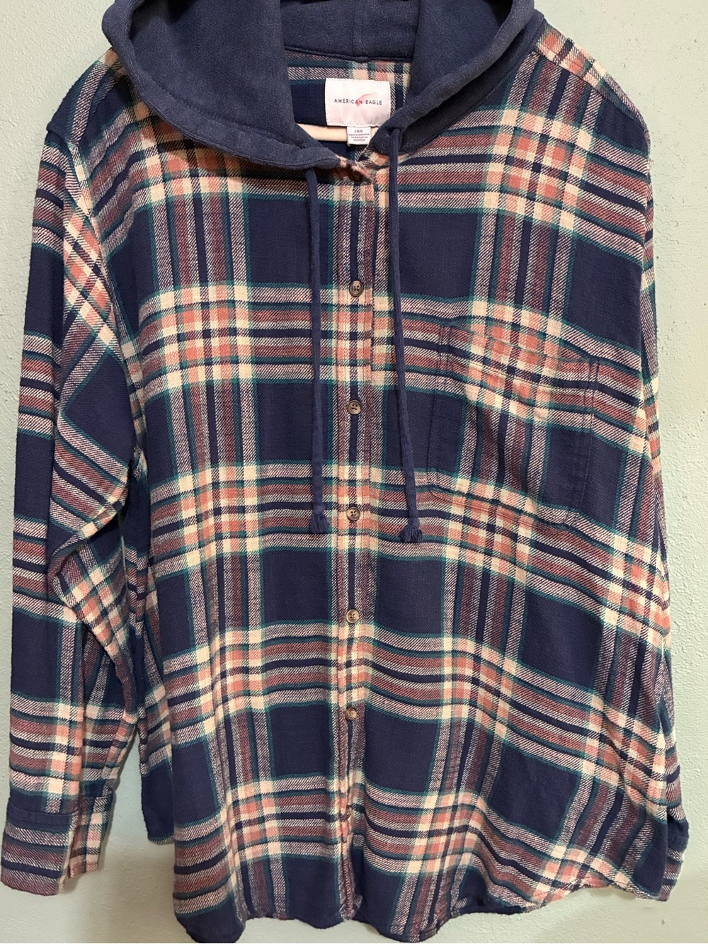 American Eagle women’s Large Plaid Hooded Flannel Shirt Jacket Navy Green